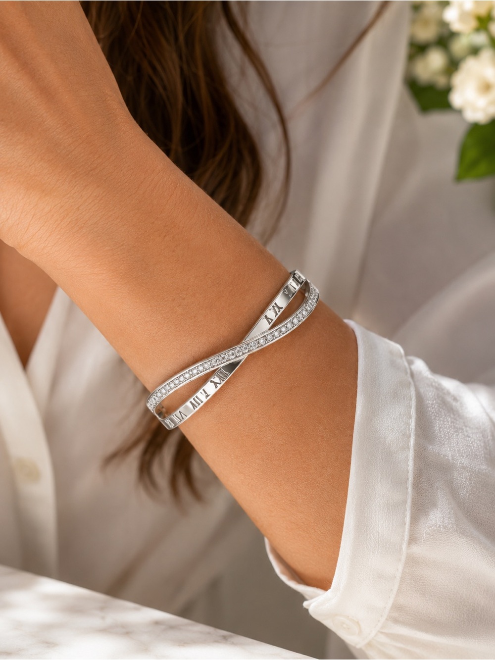 Silver Roman Numeral Crystal Crossover Bangle Bracelet Stainless Steel